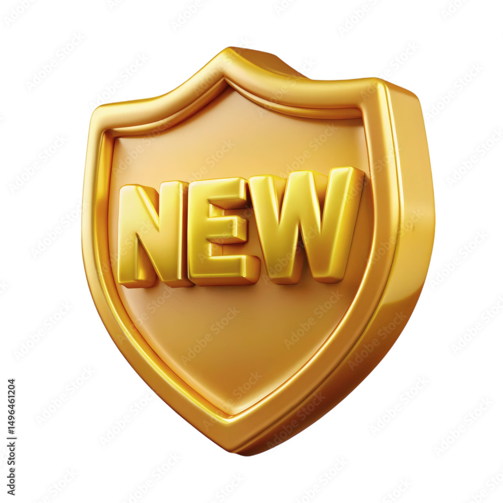 Aufkleber a shiny golden shield with the word new displayed prominently in a bold and metallic font style isol