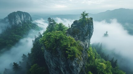 A mesmerizing aerial view of a towering cliff enveloped in ethereal fog and lush forests