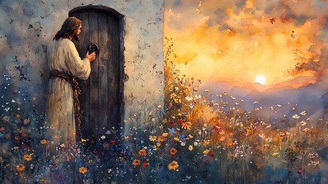 A watercolor painting of Jesus knocking at an old wooden door with an iron handle, twilight sky glowing in the background, surrounded by wildflowers. Created Using: naturalistic palette,