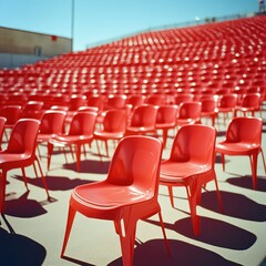 Red plastic chairs in tiered seating