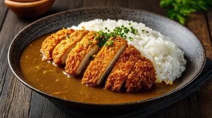 Crispy golden fried breaded cutlet served with white rice and savory curry sauce on black ceramic plate