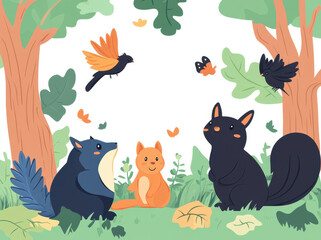 Naklejka premium Cute smiling animals sitting on grass in vibrant forest, surrounded by butterflies and birds, creating joyful atmosphere