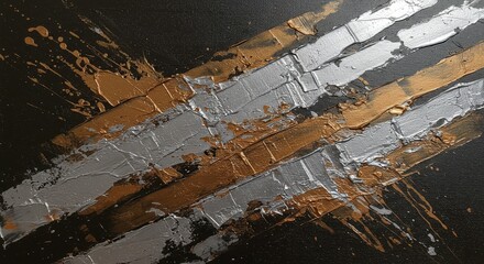 Abstract Metallic Brushstrokes: The interplay of metallic gold and silver brushstrokes against a stark black canvas forms a modern abstract artwork, exploring the textures and contrasts.
