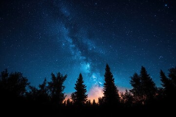 Naklejka premium Silhouetted pine trees under a starry night sky illuminated by the glowing Milky Way with a faint orange glow near the horizon