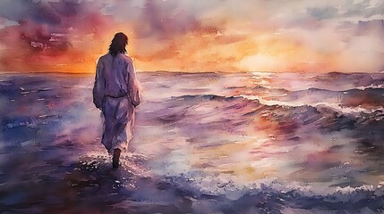 Obraz premium A watercolor painting of Jesus walking on gentle waves at sunset, soft coral and lavender sky, serene face, golden light sparkling across the sea. Created Using: luminous glazing, muted earth tones,