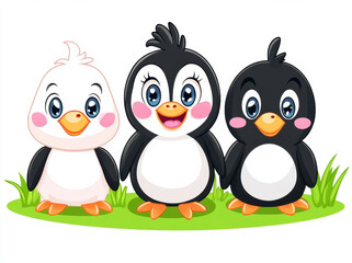 Obraz premium Cute smiling cartoon penguins standing on green grass, showcasing their playful and friendly expressions. These adorable characters are perfect for children illustrations and designs