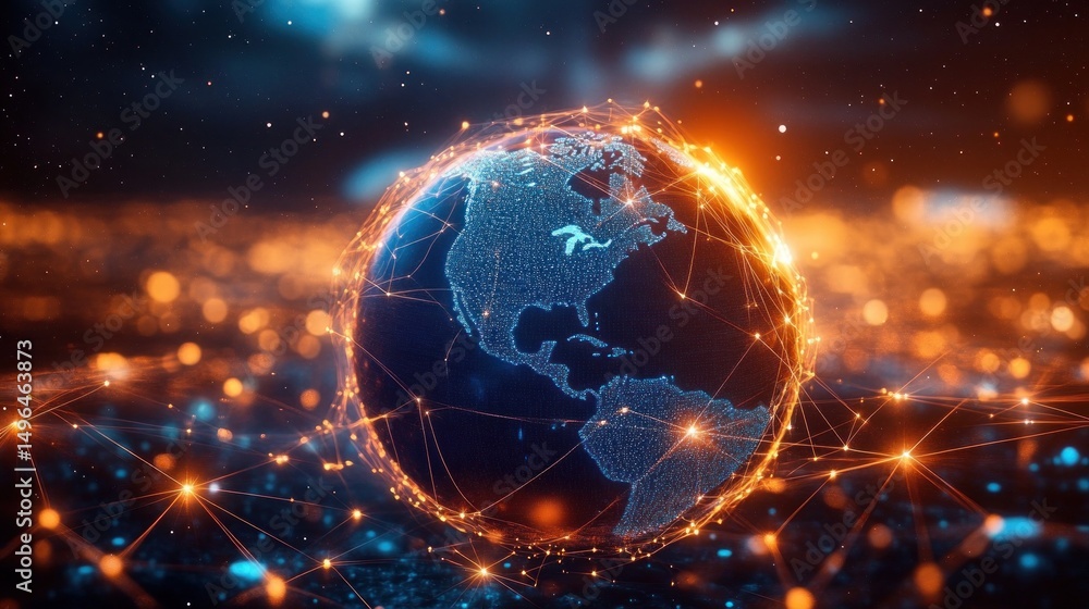 Poster digital visualization of earth focusing on the americas surrounded by glowing interconnected network