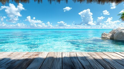 Fototapeta premium Ocean View with Blue Sky and Wooden Deck