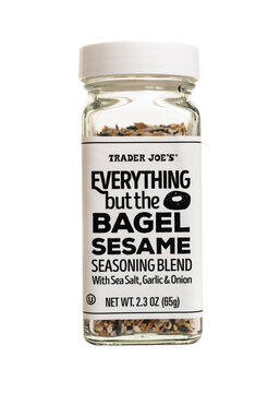 Millburn, New Jersey, USA - April 29, 2020: A bottle of Trader Joe's Everything but the Bagel Sesame Seasoning Blend with sea salt, garlic and onion. Transparent background.