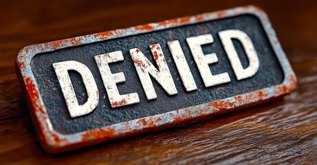 Close-up of a textured vintage metal plaque with the word 'DENIED' in bold white letters on a rusted and worn black and red background