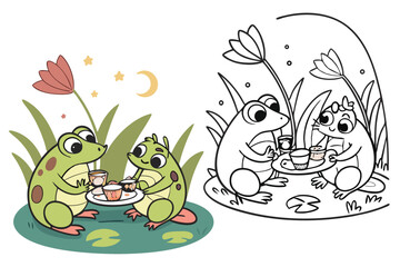 Naklejka premium coloring book with full-color illustration on the left side and black-and-white outline version on the right side, cute children's book style, white background