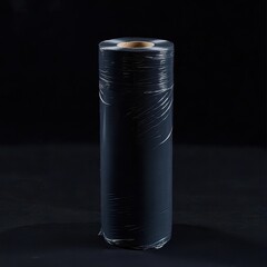 A roll of dark gray, seemingly plastic sheeting, wrapped in clear plastic, stands upright against a black background