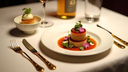 Elegant Fine Dining Dessert Layered Peach and Passion Fruit Delights