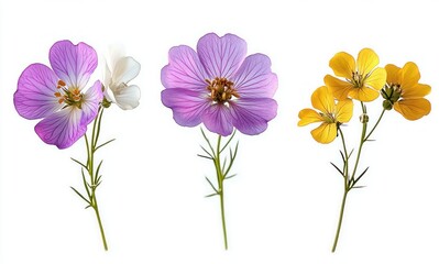 Fototapeta premium Three delicate wildflower stems with vibrant purple, white, and yellow blossoms isolated on a white background showing fine petal and stamen details
