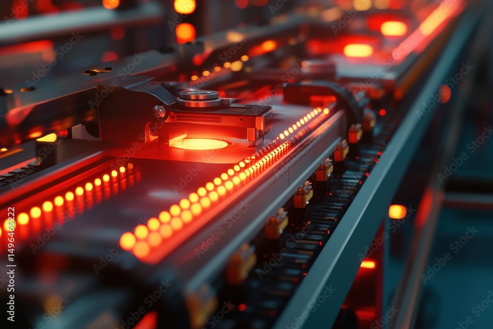 Poster closeup view of an automated production line highlighting glowing components in a hightech environme