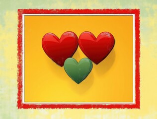 three heart shapes with two red hearts above one green heart on a warm yellow background framed by red and white borders, evoking a playful and affectionate mood