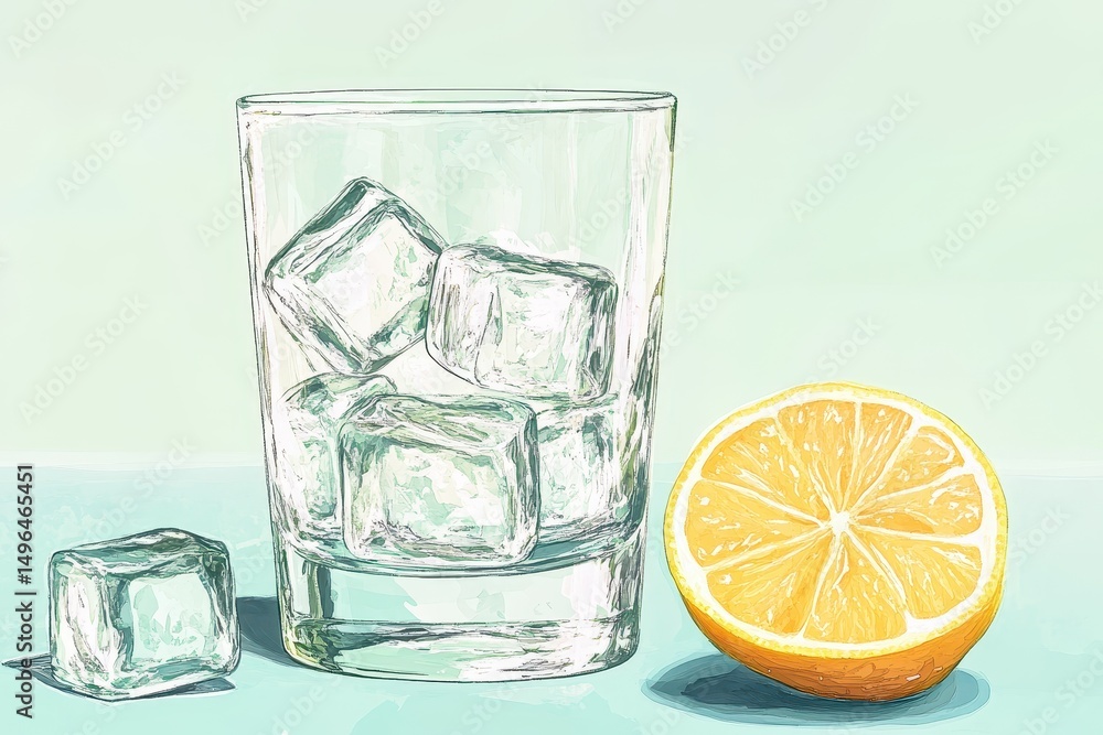 Poster refreshing glass of ice cubes with a sliced lemon on a smooth surface capturing summer vibes, genera