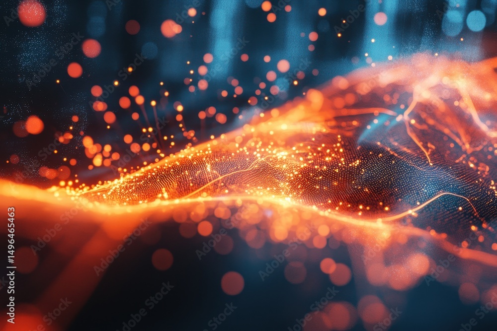 Poster animated holographic interface displaying vibrant abstract patterns and glowing particles in dynamic