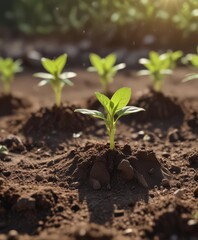 Close-up of delicate seedlings emerging from soil, sunlight illuminating new spring growth , sprout, horticulture