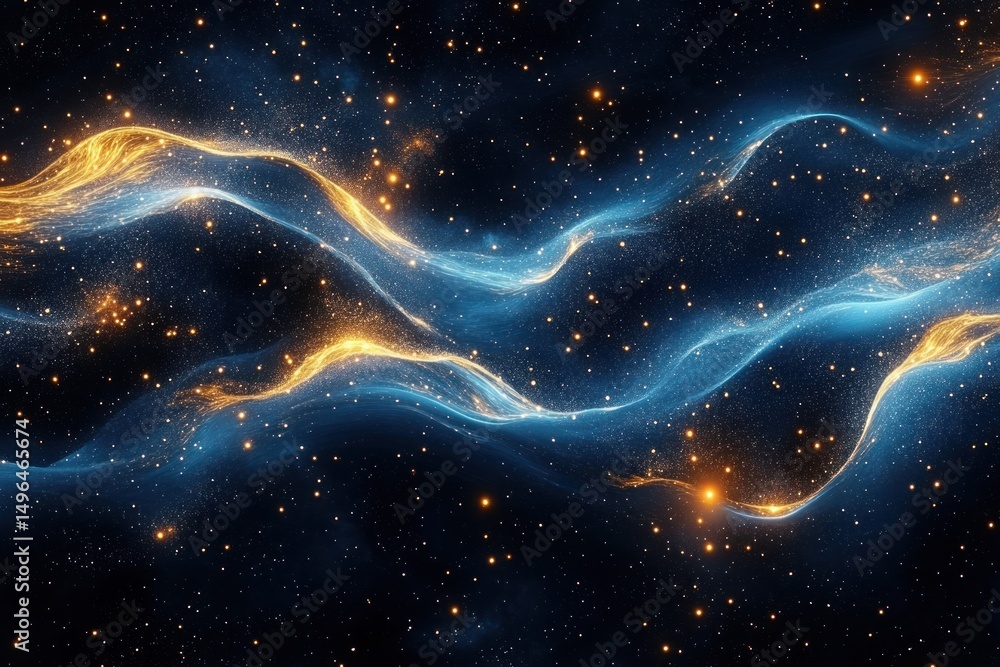 Poster glowing blue and golden light streams flowing through a star-filled cosmic space creating a dynamic 