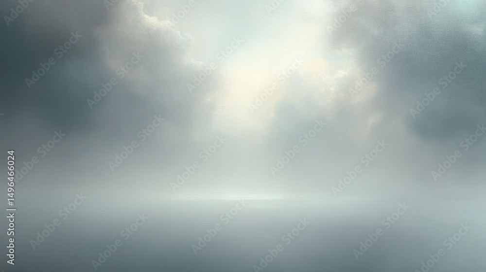 Poster calm and misty ocean horizon under a cloudy sky with subtle light rays breaking through dense clouds