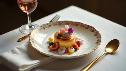 Elegant Crème Caramel Dessert A Culinary Delight with Fresh Berries and Flowers