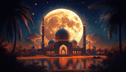 Majestic mosque with multiple domes and minarets illuminated under a large glowing full moon at night with starry sky and palm trees reflected in calm water