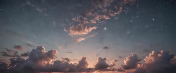 Faded retro sky, distressed paper texture  Wispy clouds, twinkling stars , worn, dreamy, graphics