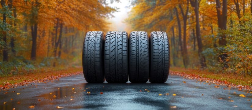 Four car tires standing upright on a wet road surrounded by autumn forest with orange leaves and soft fog in the background - Powered by Adobe