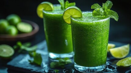 Two refreshing green smoothies garnished with fresh mint leaves and lime slices against a dark background with lime fruits scattered around showing a cool and healthy vibe
