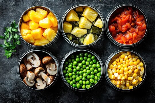 Six open tin cans containing pineapple chunks, green peas, corn kernels, chopped tomatoes, mushrooms, and pickle slices on a dark textured background with parsley garnish