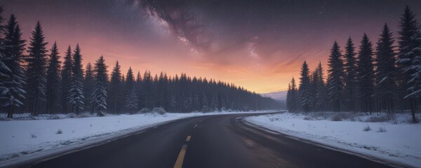 Asphalt road cuts through snowy forest, vibrant sunrise, milky way overhead , beautiful, dawn, mountain