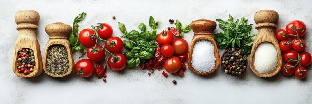 Fresh cherry tomatoes with various herbs and seasonings including salt, sugar, black pepper, and mixed peppercorns arranged in wooden scoops on a light surface