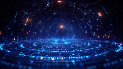 Futuristic digital tunnel with glowing blue and orange circular patterns creating a high-tech immersive environment