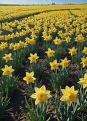 Vast field of daffodils bathed in sunlight, clear blue sky above , clear, blossom, spring