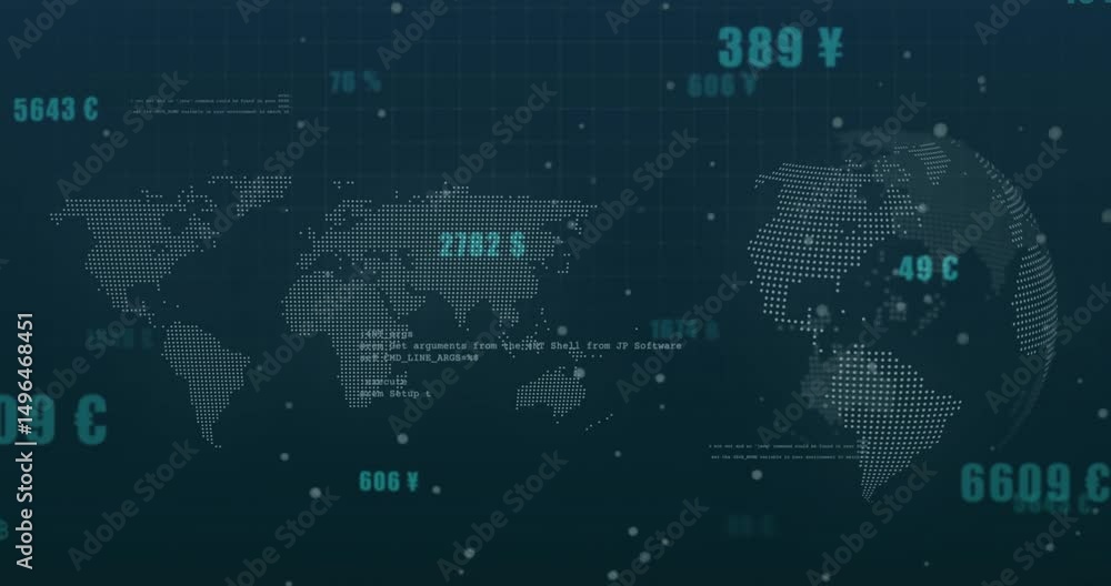 Aufkleber on grid start, dotted map and globe rotating as numeric overlays updating to represent data network