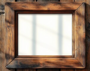Fototapeta premium Empty wooden photo frame with visible grain texture and warm brown tones casting soft window shadows on a wooden wall background