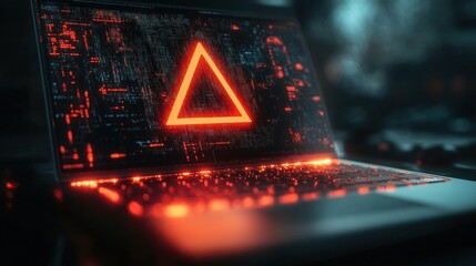 Glowing red triangle warning symbol on a digital code background displayed on a laptop keyboard illuminated with red lights in a dark, futuristic setting