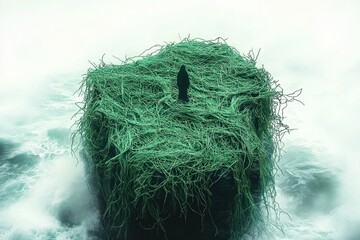 Solitary figure in dark clothing standing on a large, cube-shaped rock covered in tangled green vines surrounded by mist and turbulent water under overcast sky
