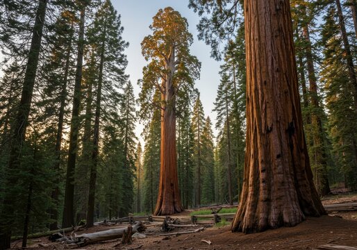 Giant Trees in the Forest: An eye-level shot that captures the majesty and grandeur of towering sequoia trees in a lush green forest, bathed in soft sunlight.