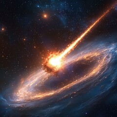 Bright comet or meteor impact striking a glowing spiral galaxy with fiery explosion and trailing light in deep space filled with stars and cosmic dust