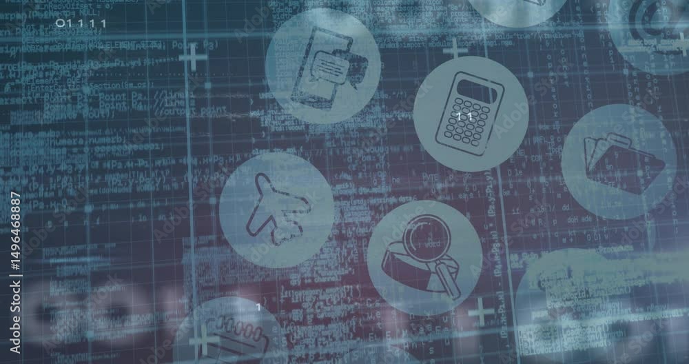 Poster dark blue grid displaying binary code initiating circular icons fading into view showing functions