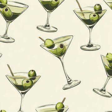 Martini glasses with olives, repeating pattern on pale yellow
