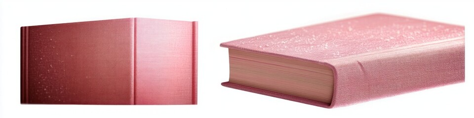 Close-up images of a pink textured hardcover book showing the front cover and side view with visible book pages under soft lighting