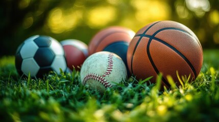 Various sports balls including a basketball, baseball, American football, and soccer ball placed on green grass with a blurred natural background
