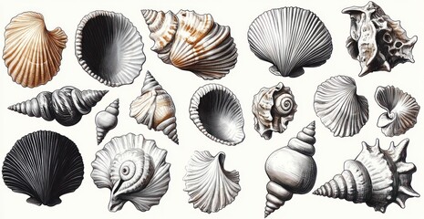 Collection of various seashells with different shapes, textures, and shades of brown, black, and white on a light background, showcasing natural marine diversity
