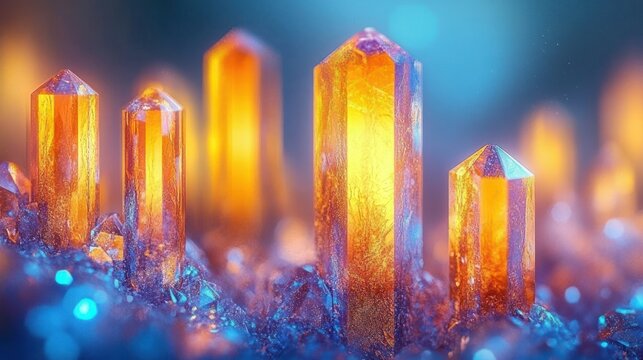 Close-up of glowing orange crystals with sharp geometric shapes surrounded by smaller blue crystals on a blurred background, creating a mystical and vibrant atmosphere