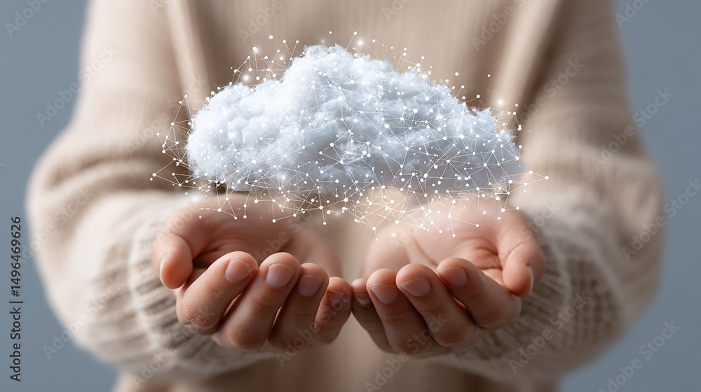 Poster a person holding a cloud of connections representing the power of data and technology in a digital a