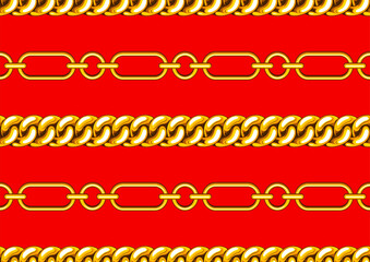 Seamless gold chain pattern on red background. Textile design, jewelry pattern, necklace and bracelet. Luxury fashion illustration fabric and clothing. vector artwork. Not created by AI.