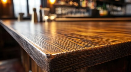 Richly-toned, dark wood bar top, softly lit, showing grain detail; blurred bar backdrop